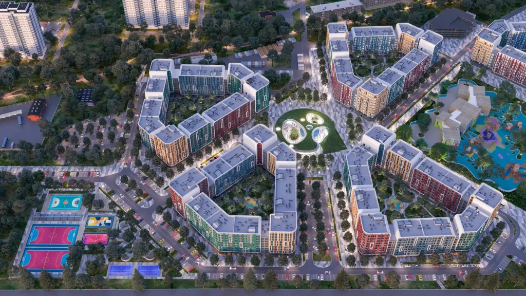 3D visualization of Respublika residential neighborhood showing urban blocks and landscaped courtyards