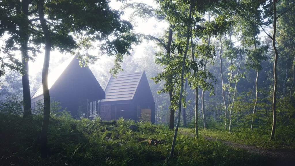 Residential exterior rendering showing timber facade materials at Forester's House