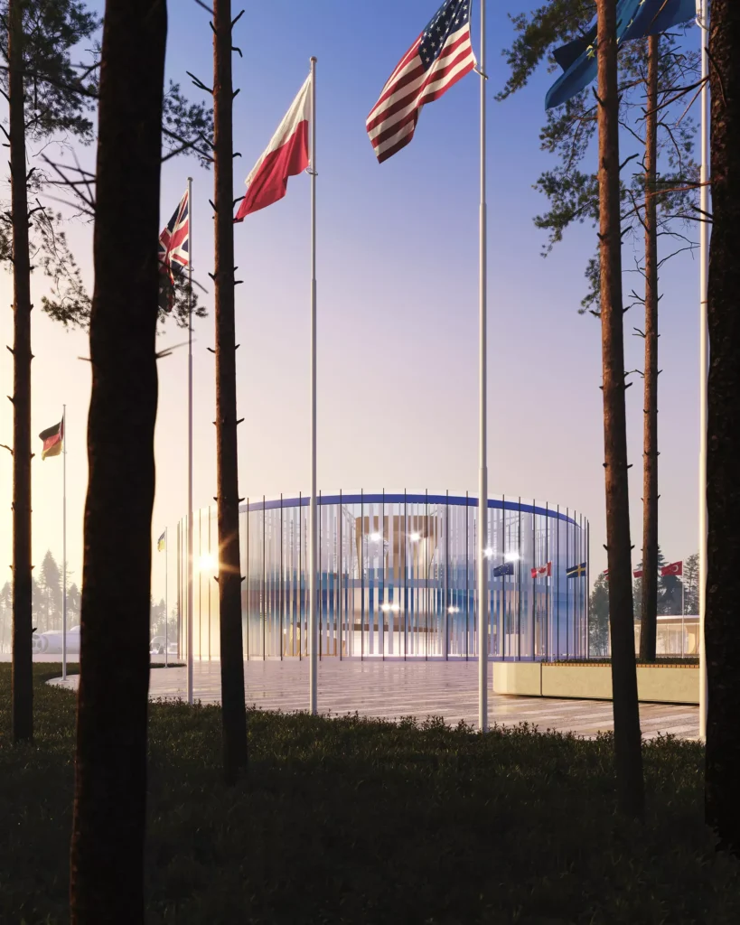 Architectural exterior visualization showing contemporary glass facade details