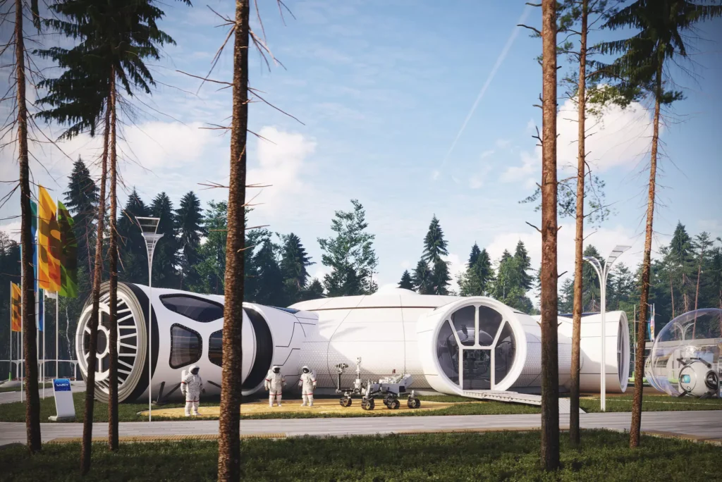 Commercial exterior rendering of a contemporary scientific and entertainment complex 2
