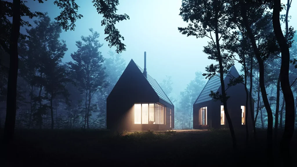 Luxury home exterior rendering of Forester's House surrounded by a natural forest landscape