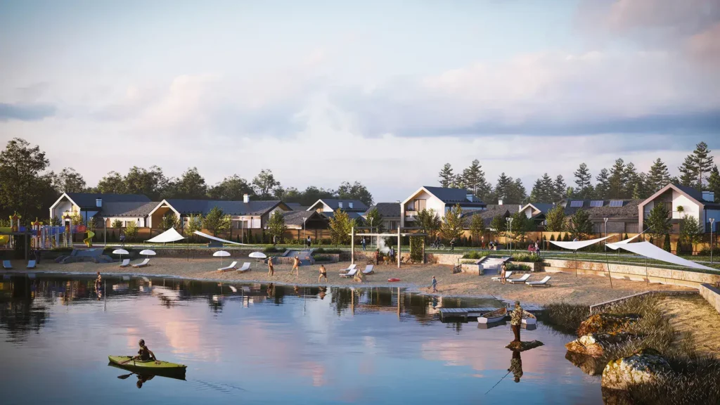 Exterior architectural rendering of Etalon townhouse development with landscaped surroundings