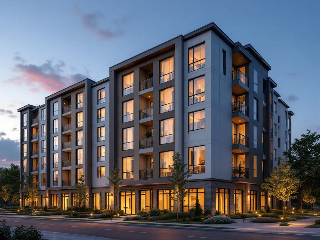 Twilight exterior rendering of a multifamily apartment development